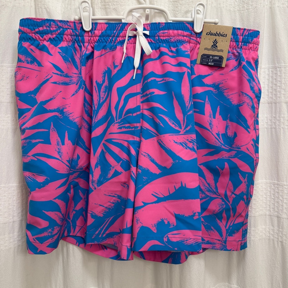 NWT Chubbies Palm Swim Trunks Pink Blue Men’s XXL 5.5 Inch Inseam Mesh Liner